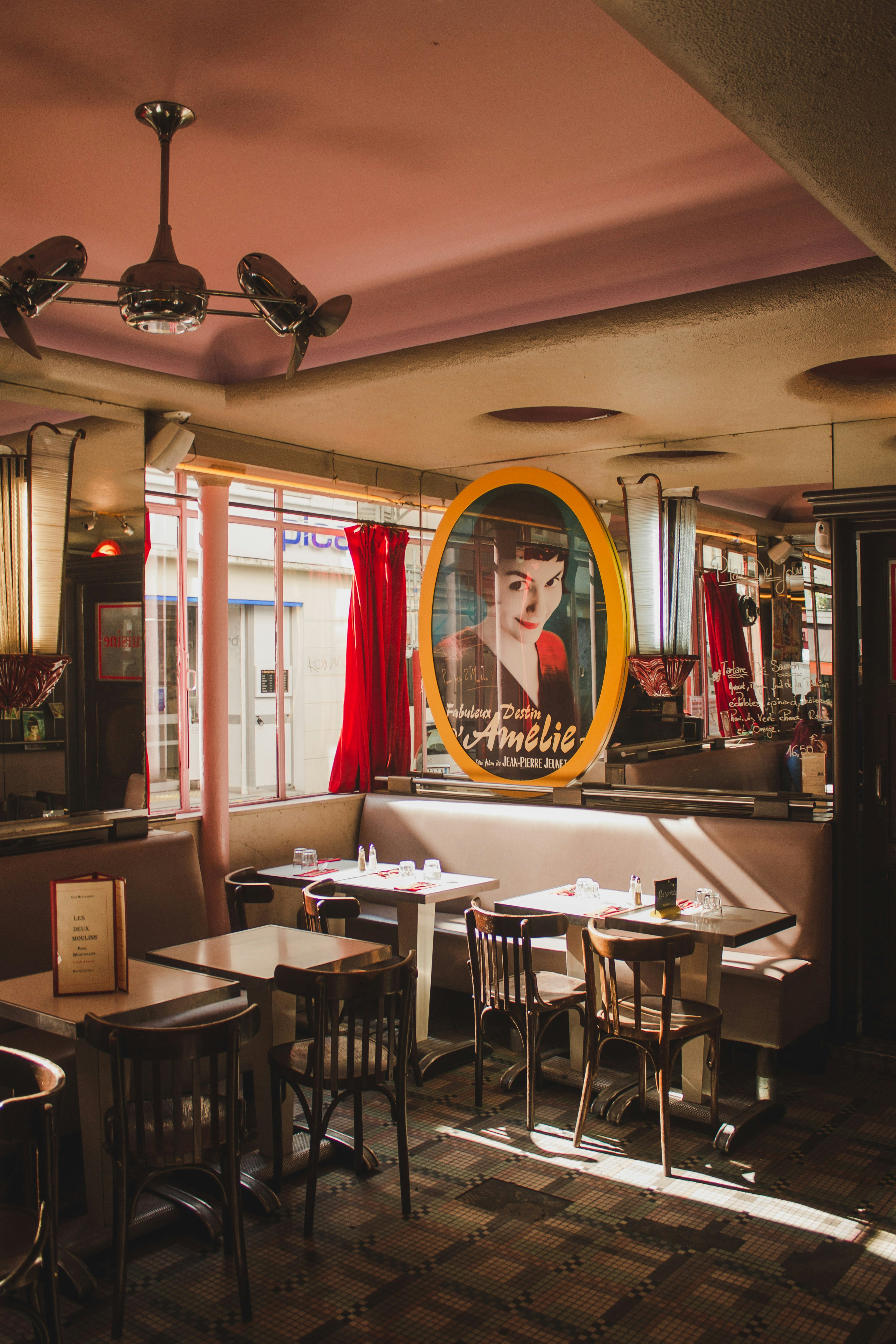 Interior of a cozy and dimly lit Parisian café