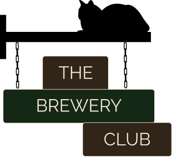A logo with the name The Brewery Club in brown and green and a black cat above