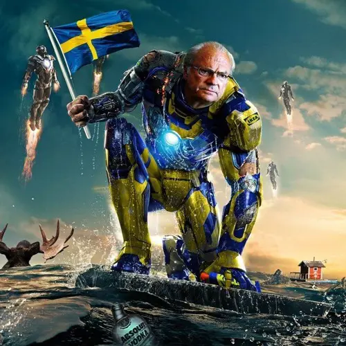 en bild på den svenska kungen som superhjälten iron man