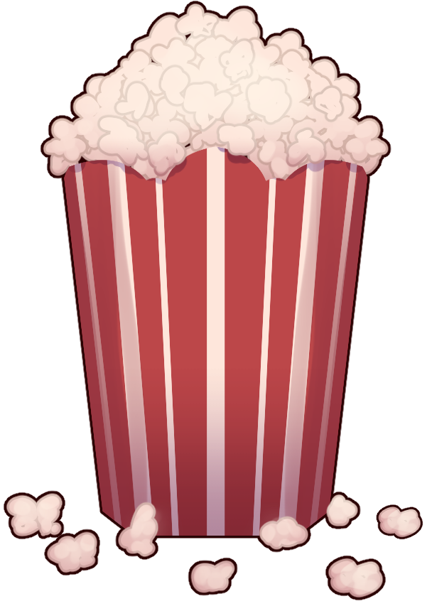 en illustration av en röd popcornhink med vita ränder. Popcornen svämmar över och några har fallit till marken