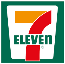 7 eleven logo, white background with some green features and the text 7 Eleven in orange/red/green