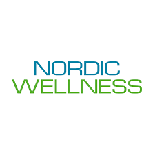 Nordic wellness logo, white background with the text Nordic wellness in blue and green